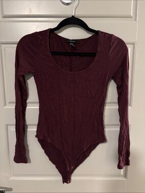 Forever 21 Women's Ribbed Scoop Neck Long Sleeve Bodysuit - Wine